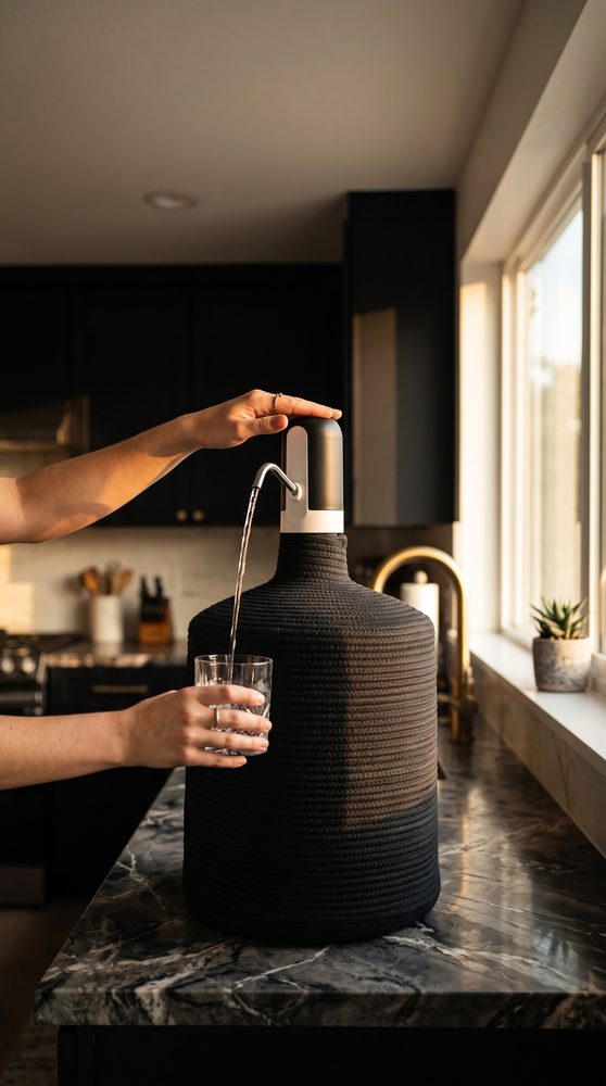 Black corded Cántaro cover on a dark marble kitchen counter with a white pump